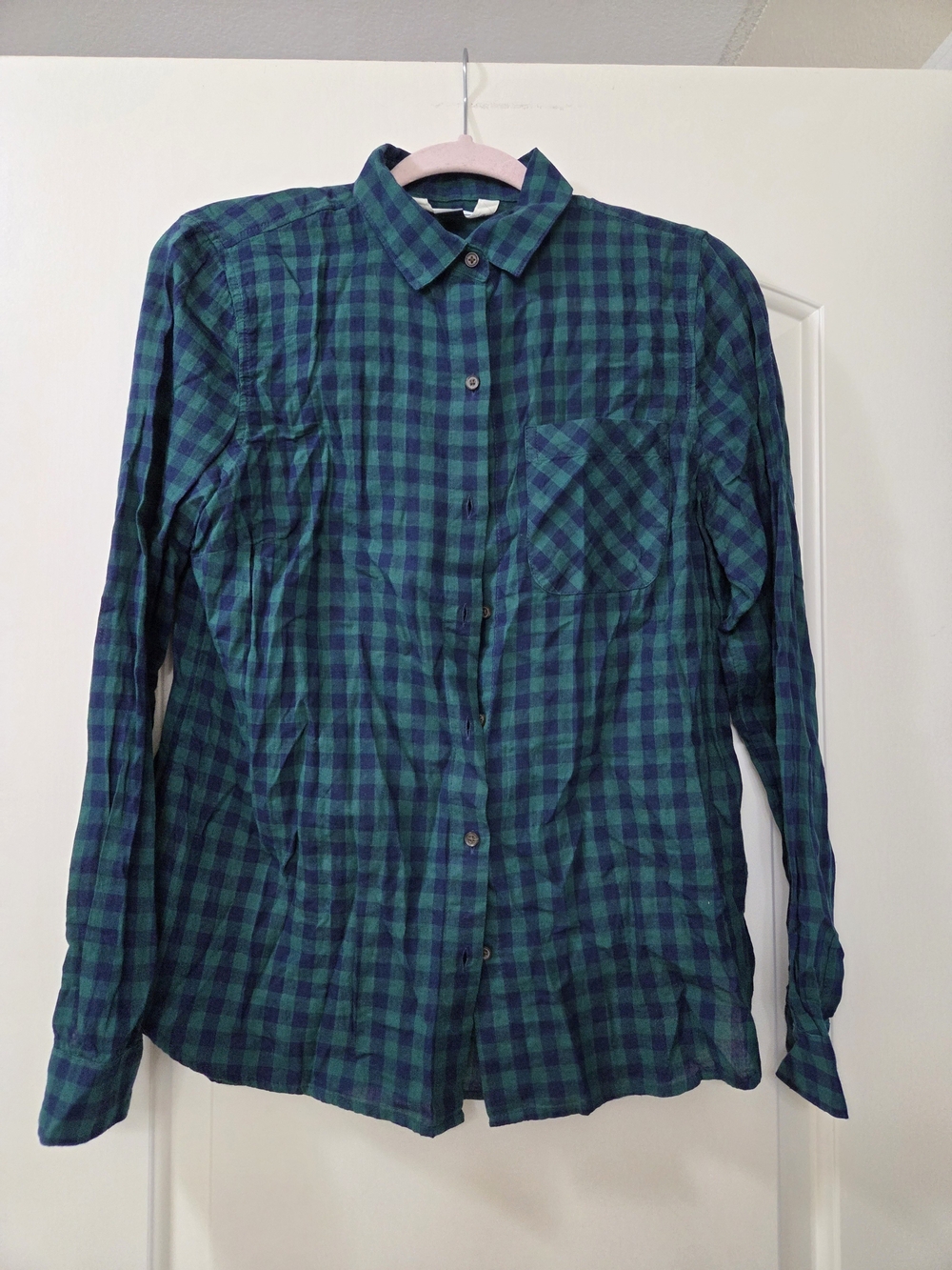 Old Navy Green and Navy Check Long-Sleeve Button-Down Shirt